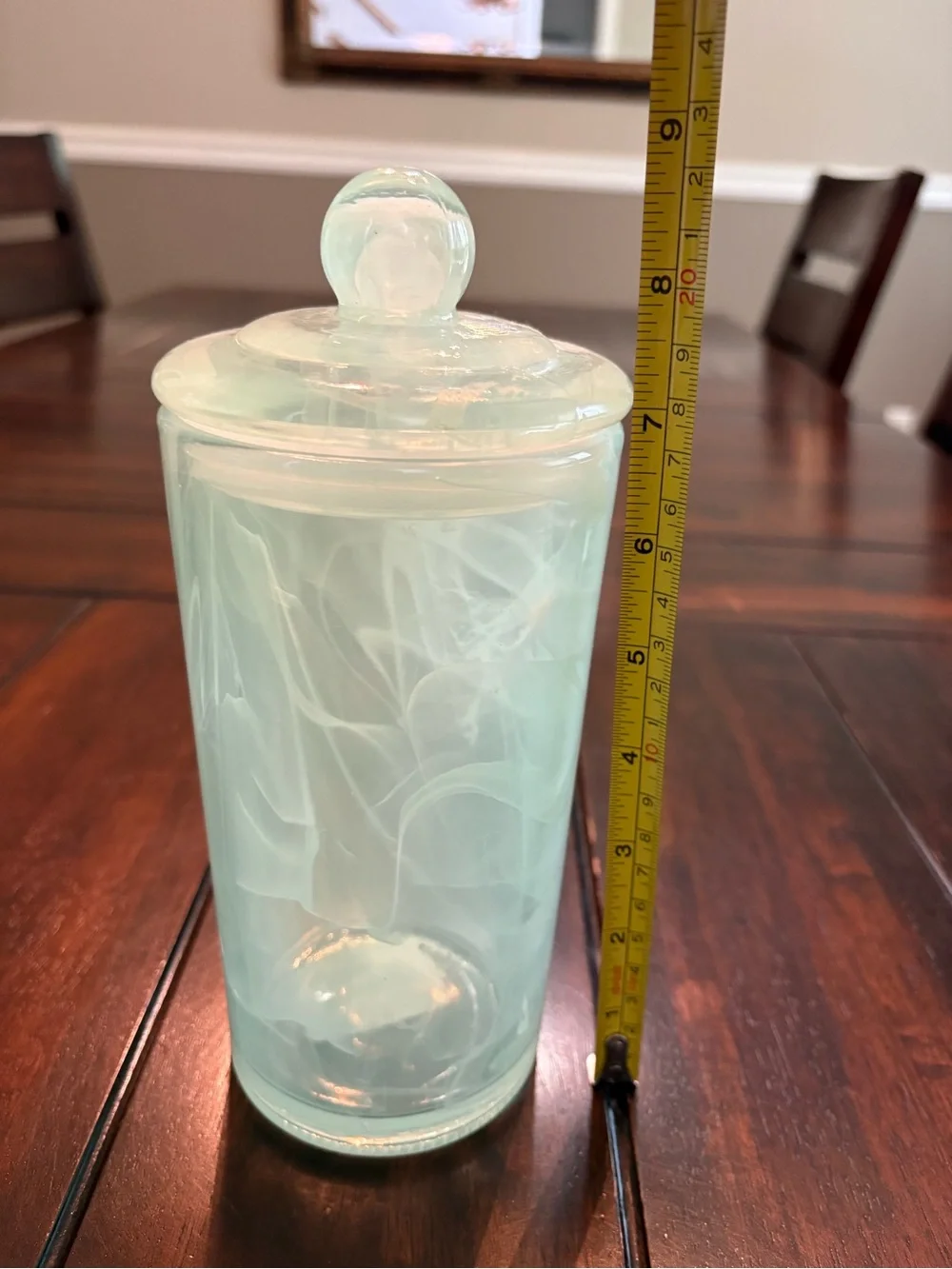 Glass mint green decorative storage jar with lid and white etching
